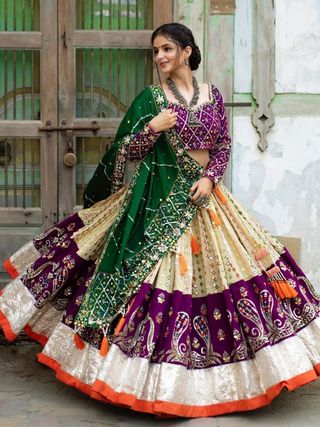 Royal Purple Mirror Work Muslin Lehenga Choli Set