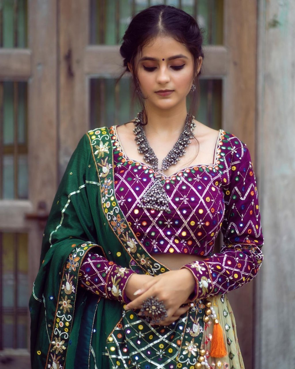 Royal Purple Mirror Work Muslin Lehenga Choli Set