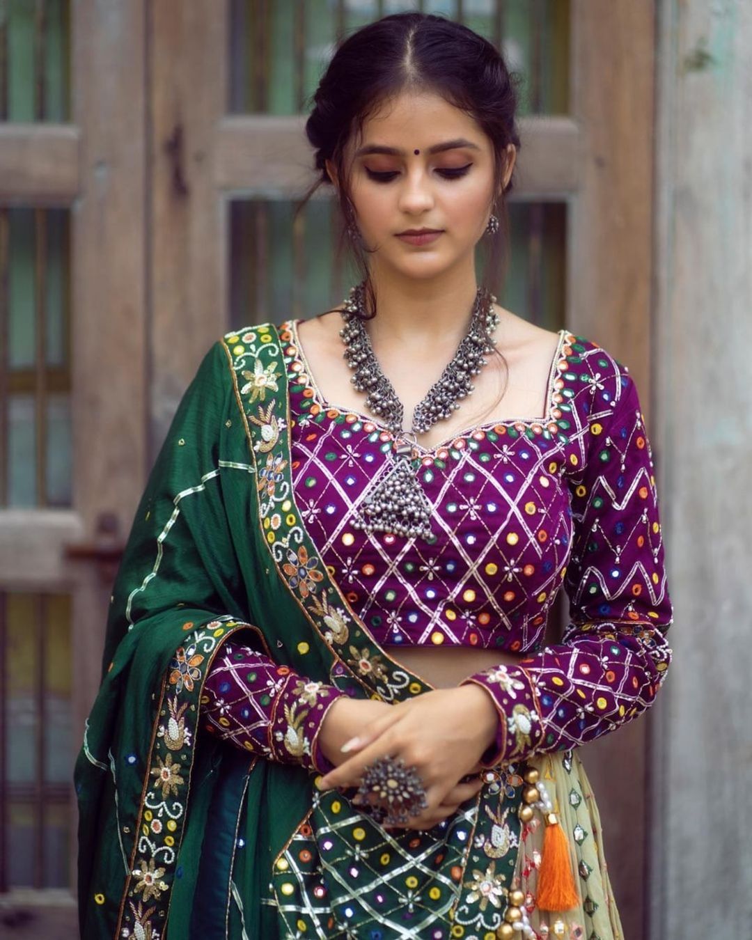 Royal Purple Mirror Work Muslin Lehenga Choli Set