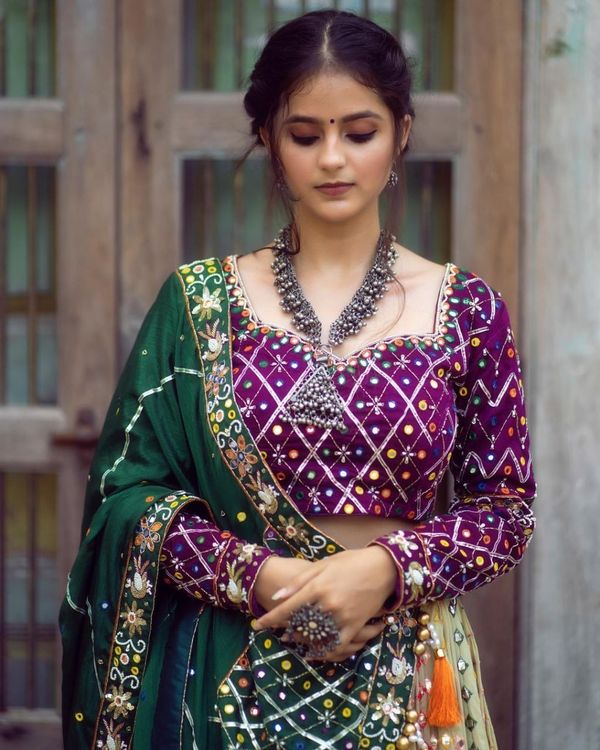 Royal Purple Mirror Work Muslin Lehenga Choli Set