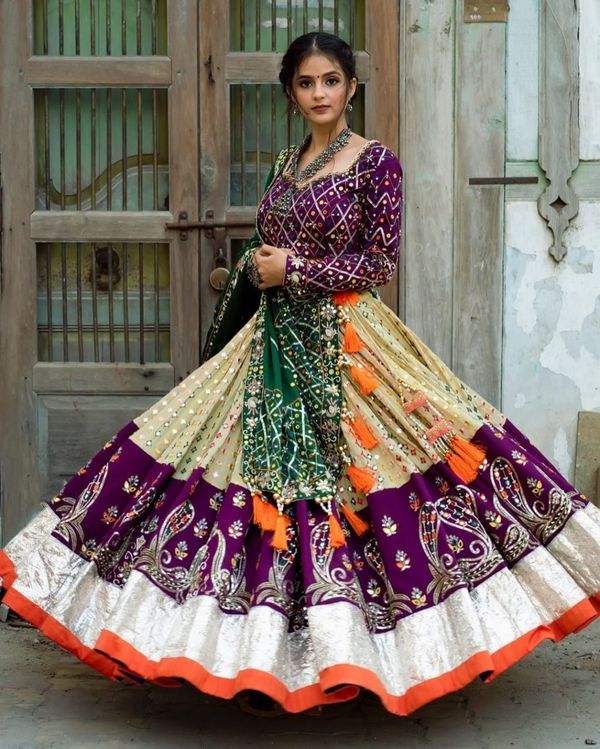 Royal Purple Mirror Work Muslin Lehenga Choli Set