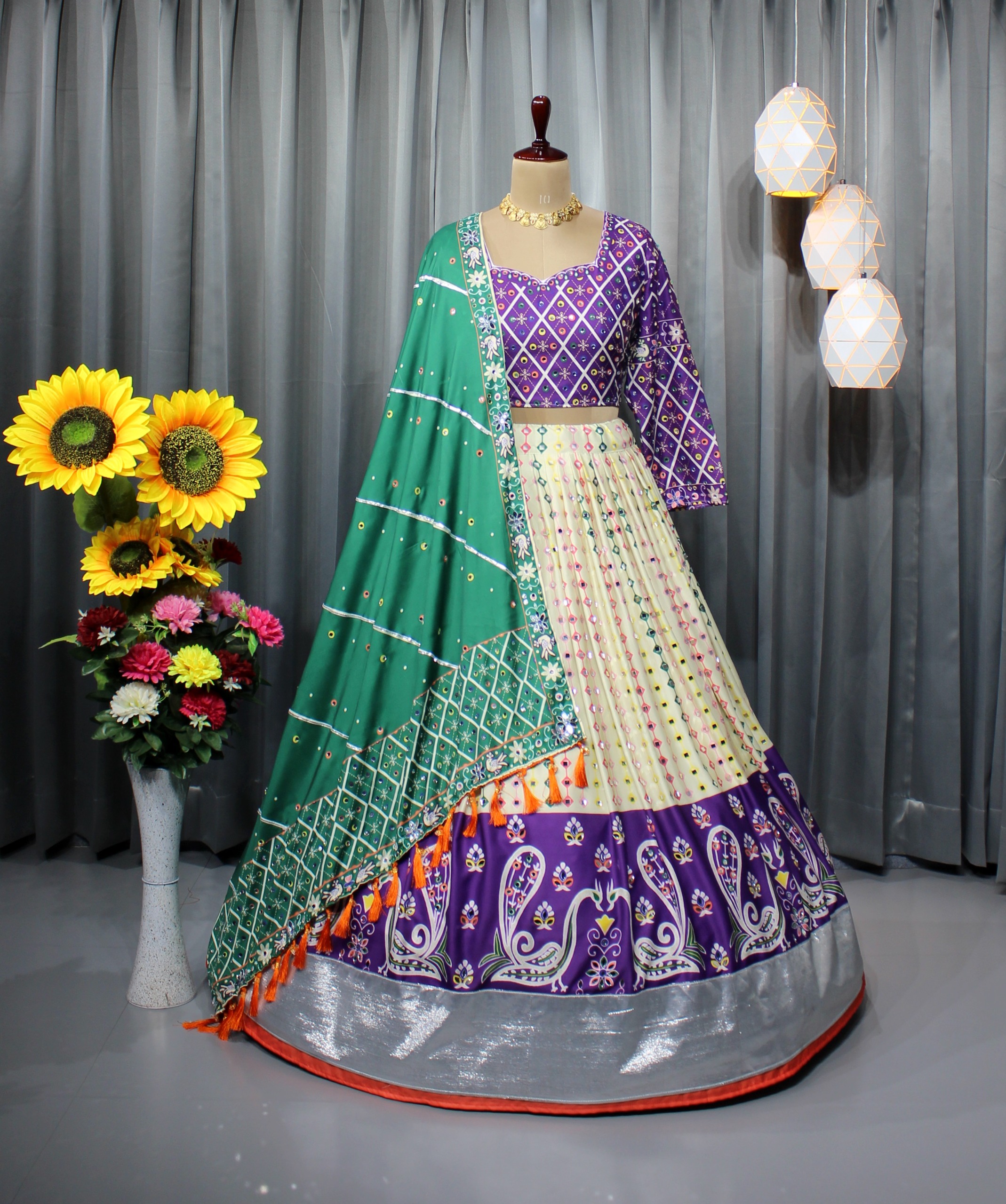 Royal Purple Mirror Work Muslin Lehenga Choli Set