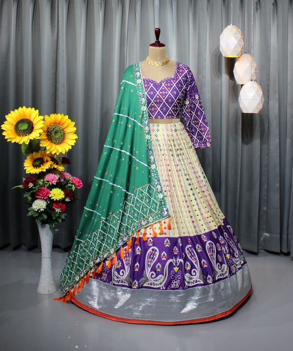 Royal Purple Mirror Work Muslin Lehenga Choli Set
