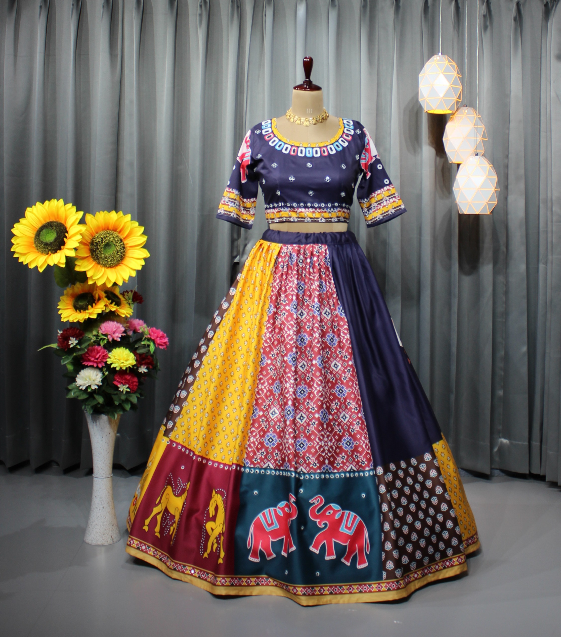 Multicolor Printed Butter Silk Lehenga Choli Set