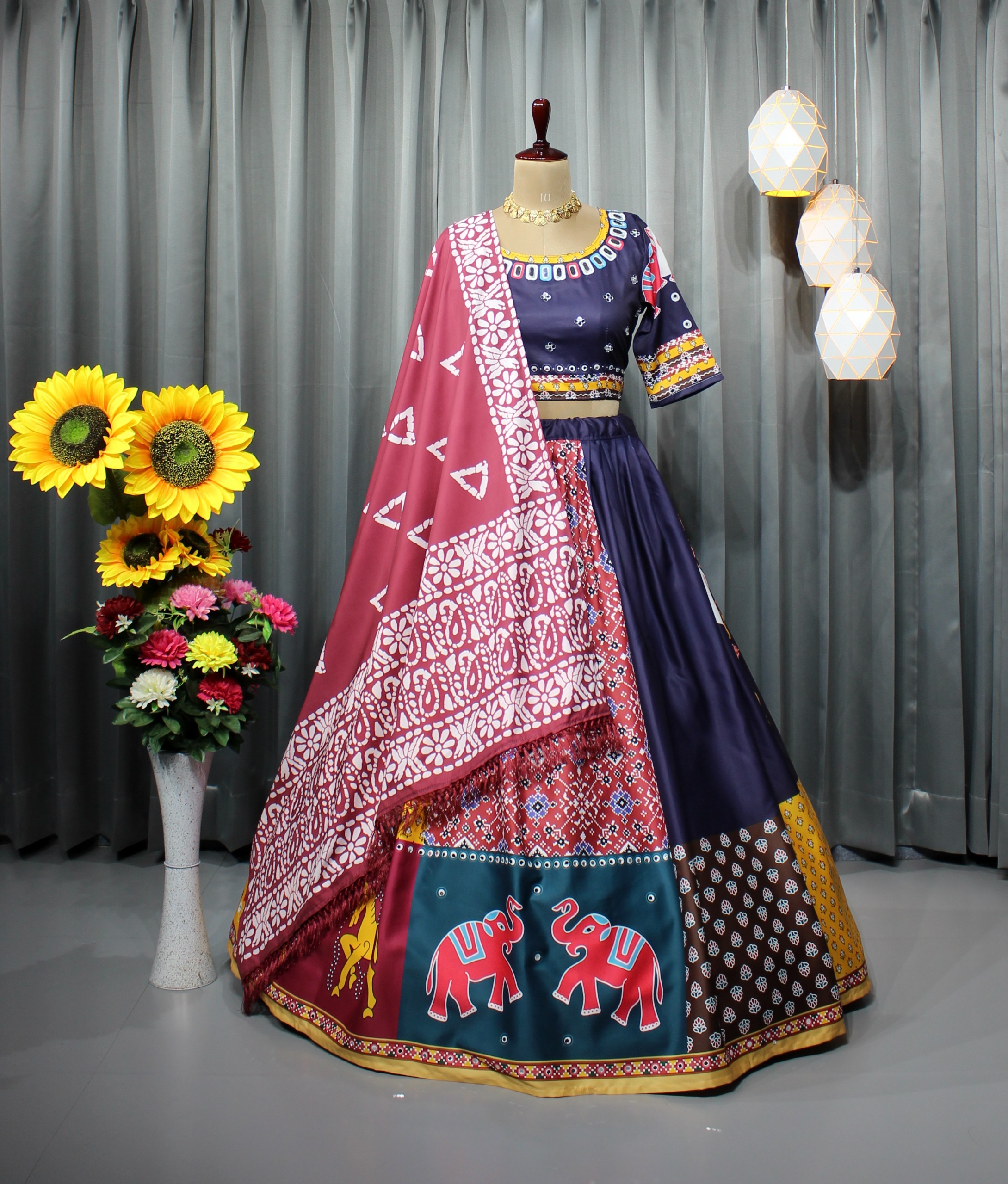 Multicolor Printed Butter Silk Lehenga Choli Set