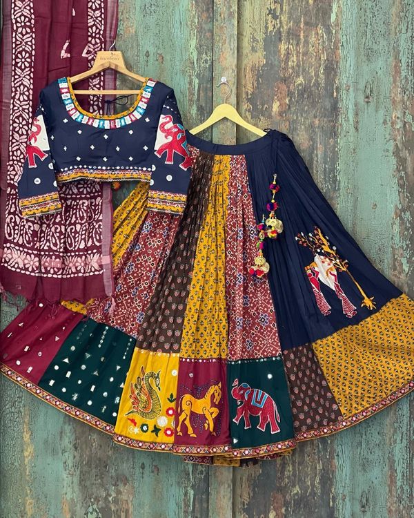 Multicolor Printed Butter Silk Lehenga Choli Set