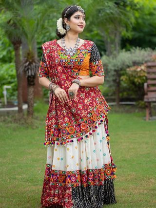 Red Multicolor Butter Silk Mirror Work Lehenga Set