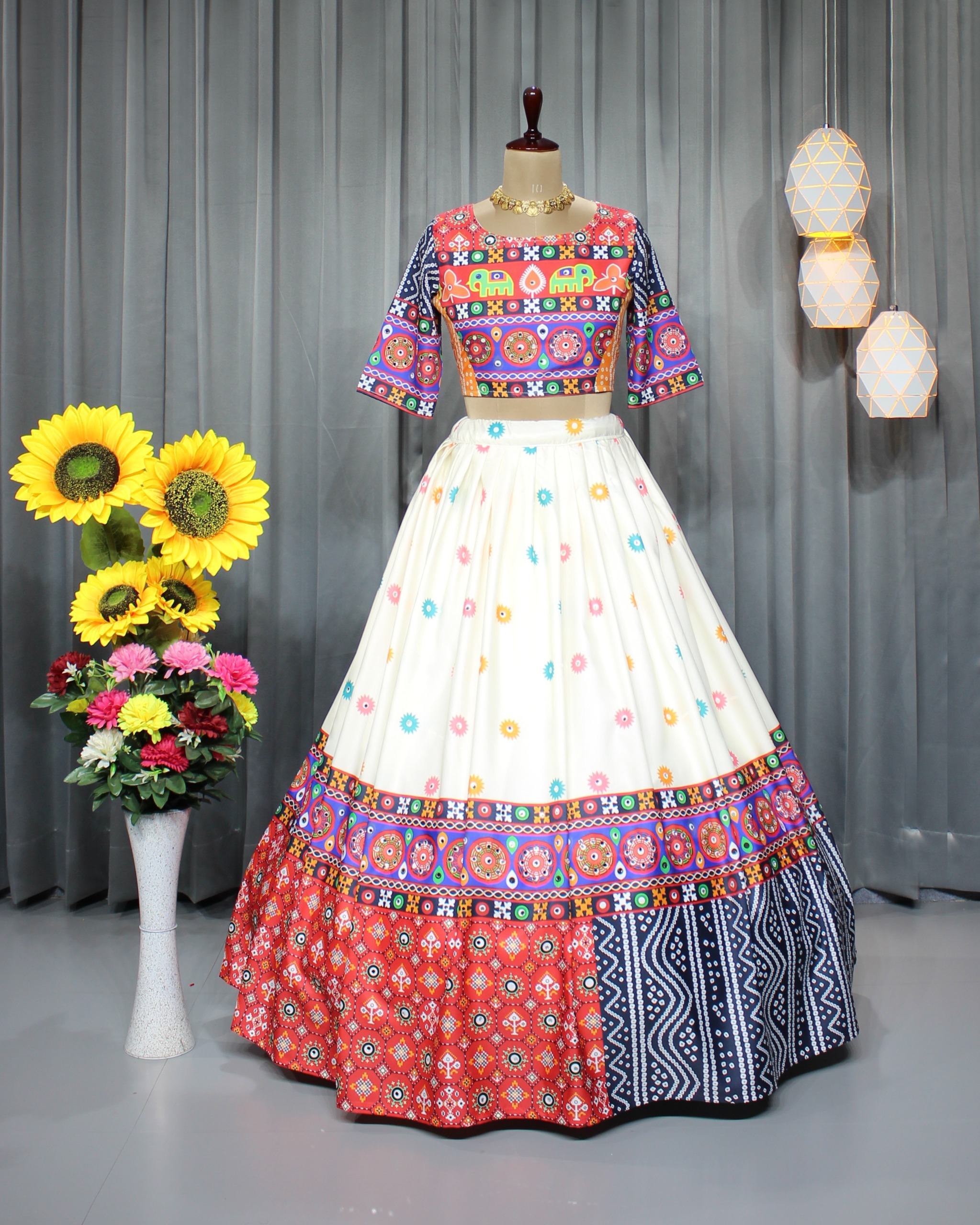 Red Multicolor Butter Silk Mirror Work Lehenga Set