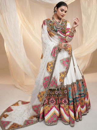 Festive White Lehenga Choli with Mirror Work Design