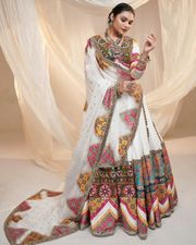Festive White Lehenga Choli with Mirror Work Design - White