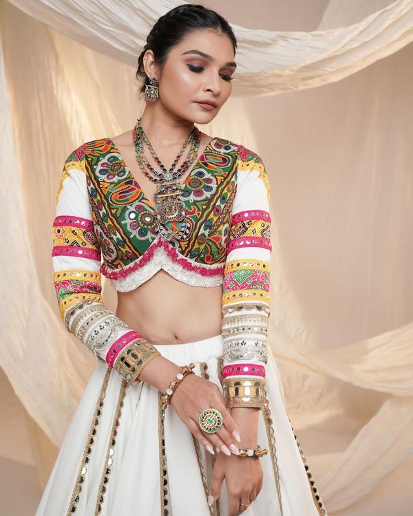 Festive White Lehenga Choli With Mirror Work Design