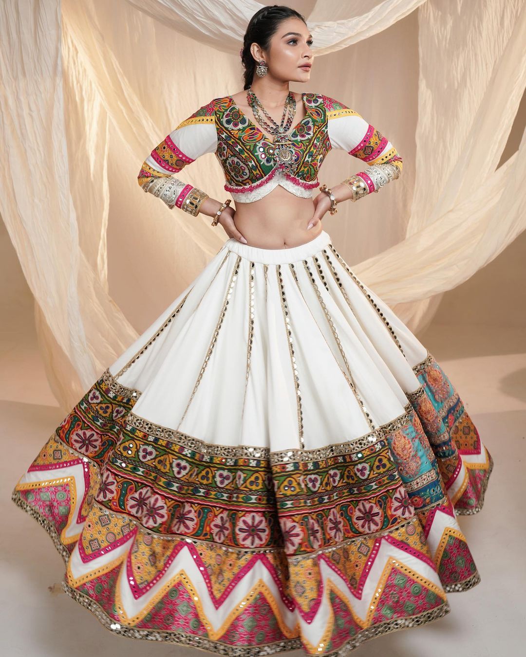 Festive White Lehenga Choli with Mirror Work Design