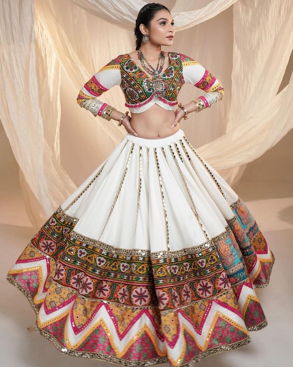 Festive White Lehenga Choli with Mirror Work Design