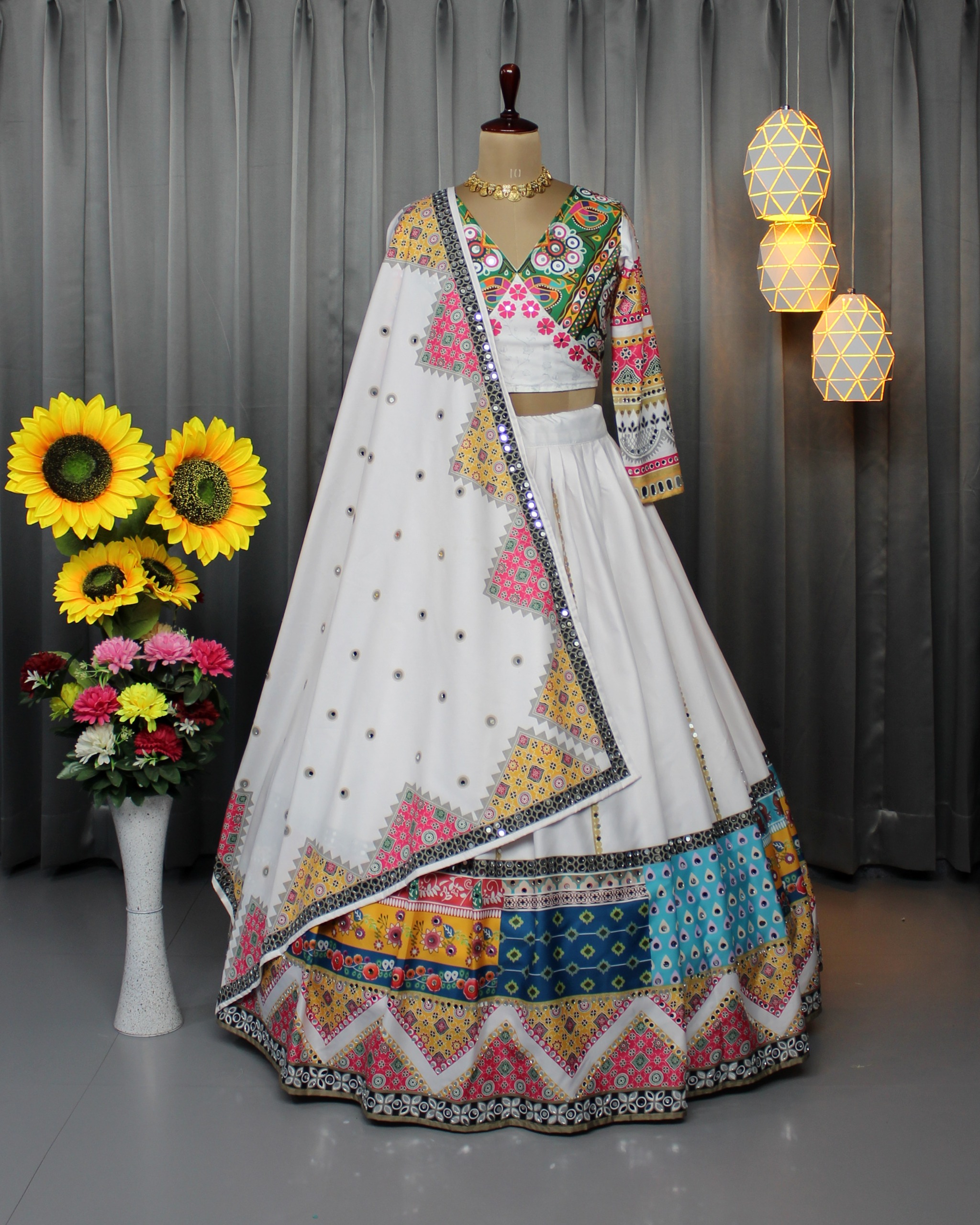 Festive White Lehenga Choli with Mirror Work Design