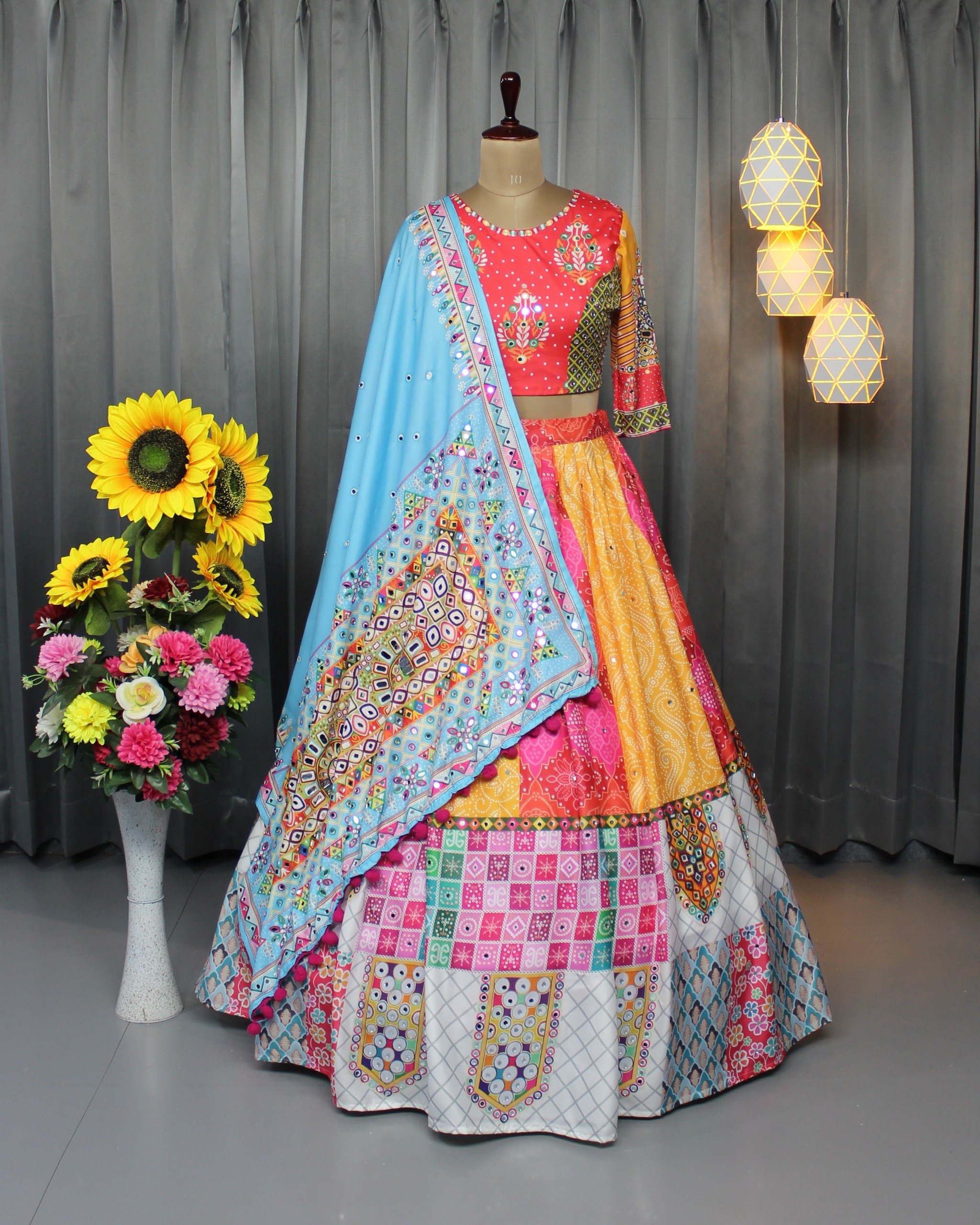 Colorful Patch Print Butter Silk Lehenga Choli Set