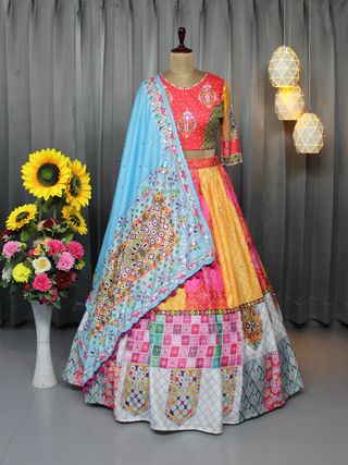 Colorful Patch Print Butter Silk Lehenga Choli Set