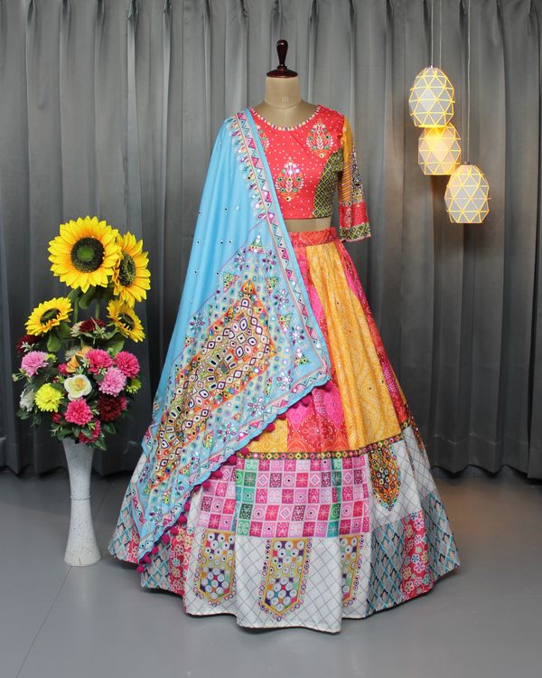 Colorful Patch Print Butter Silk Lehenga Choli Set