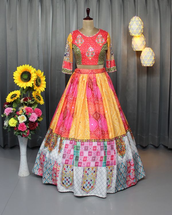 Colorful Patch Print Butter Silk Lehenga Choli Set