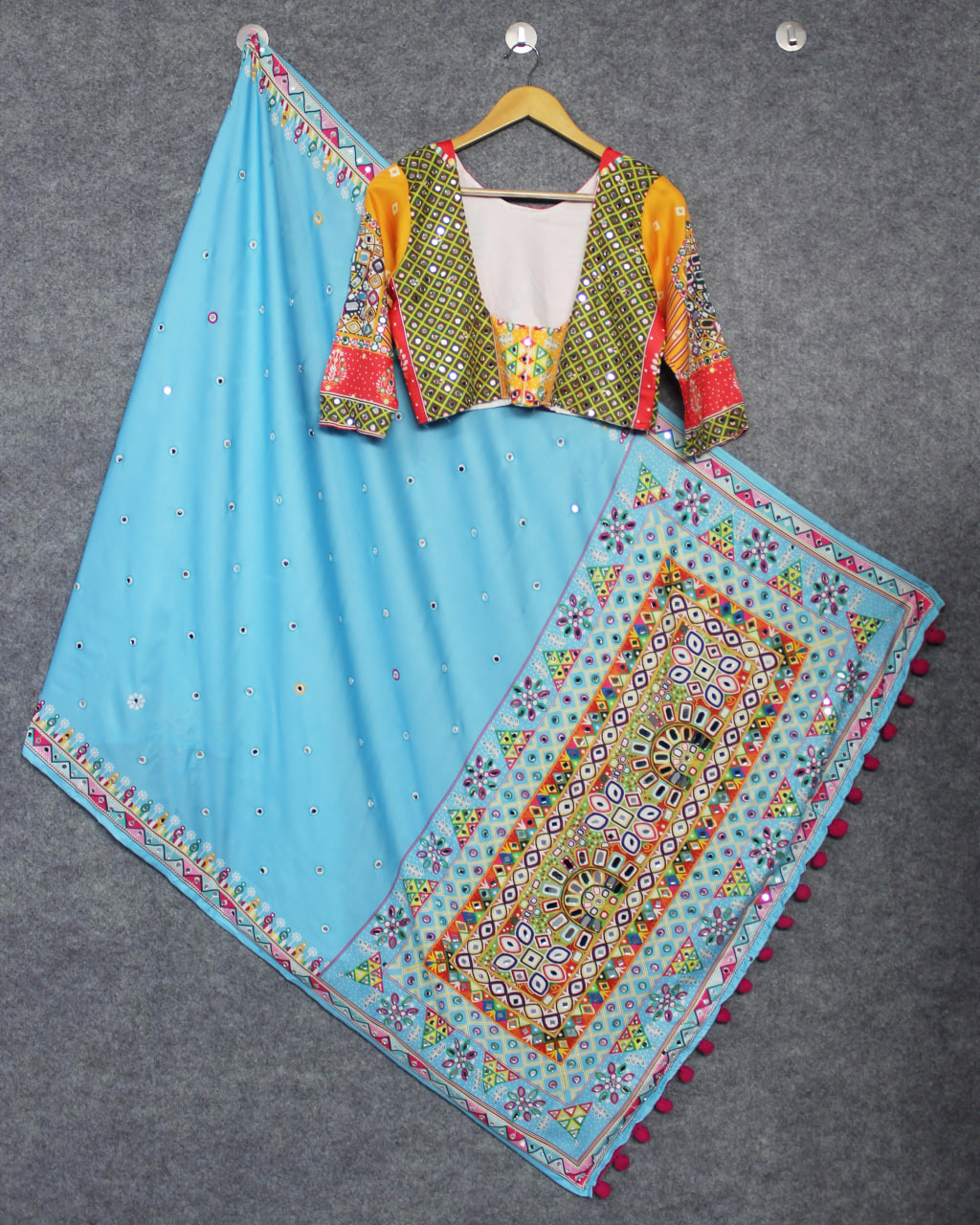 Colorful Patch Print Butter Silk Lehenga Choli Set