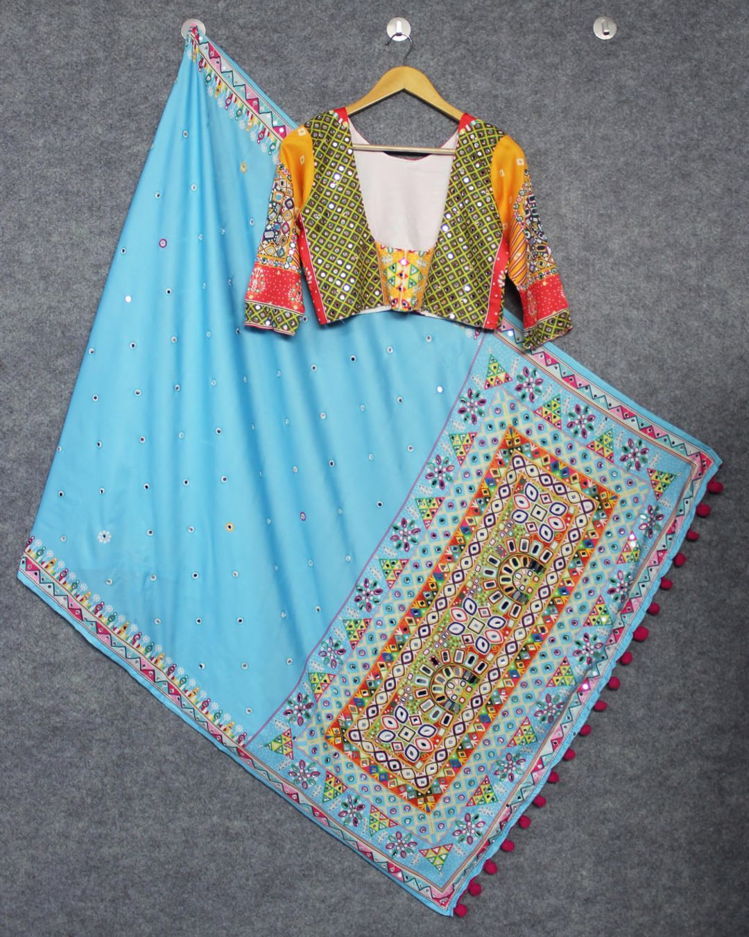 Colorful Patch Print Butter Silk Lehenga Choli Set
