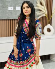 Designer Blue Muslin Cotton Lehenga Choli with Mirror Work - Blue