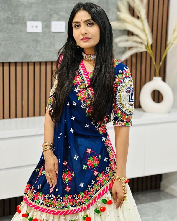 Designer Blue Muslin Cotton Lehenga Choli With Mirror Work