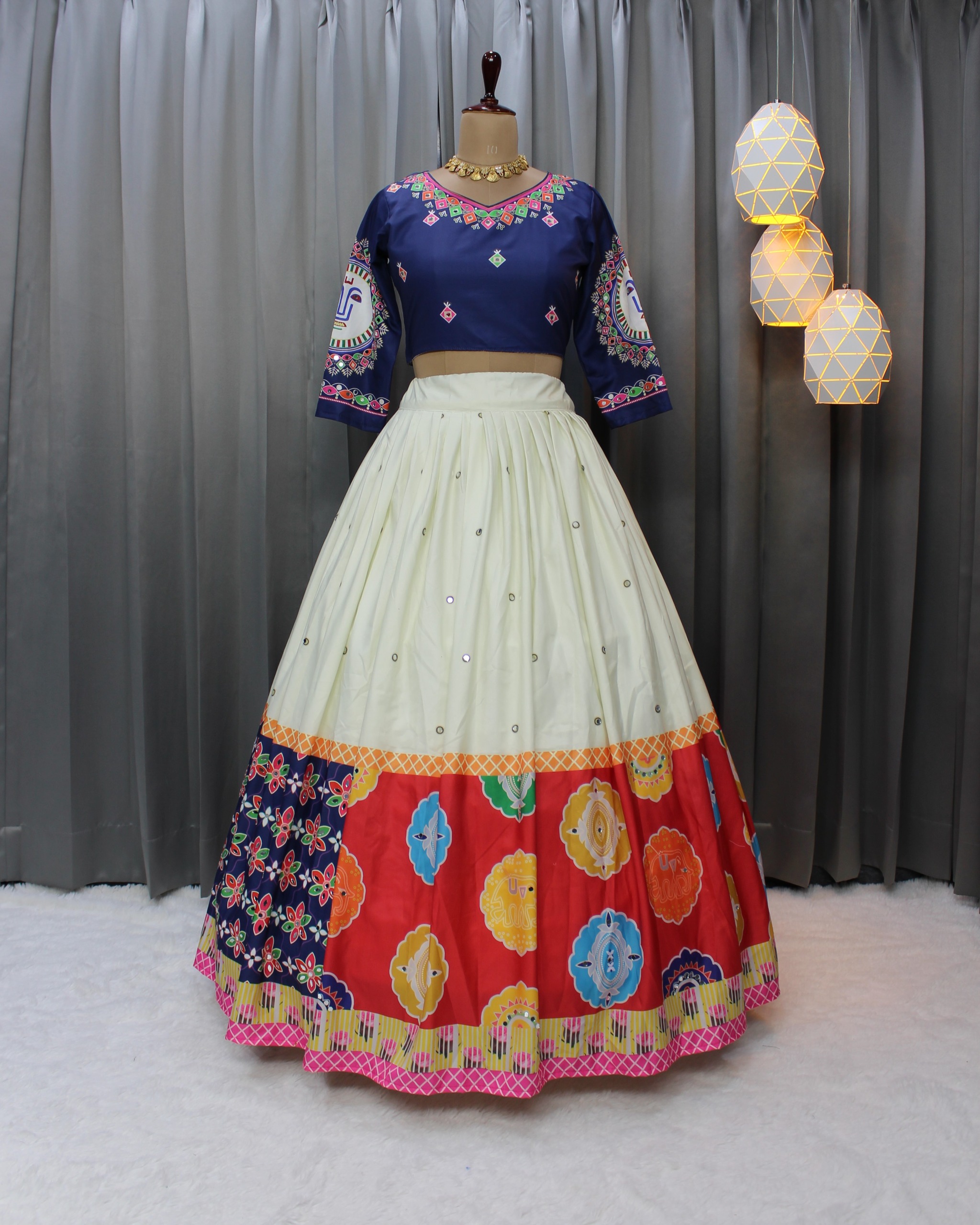 Designer Blue Muslin Cotton Lehenga Choli with Mirror Work