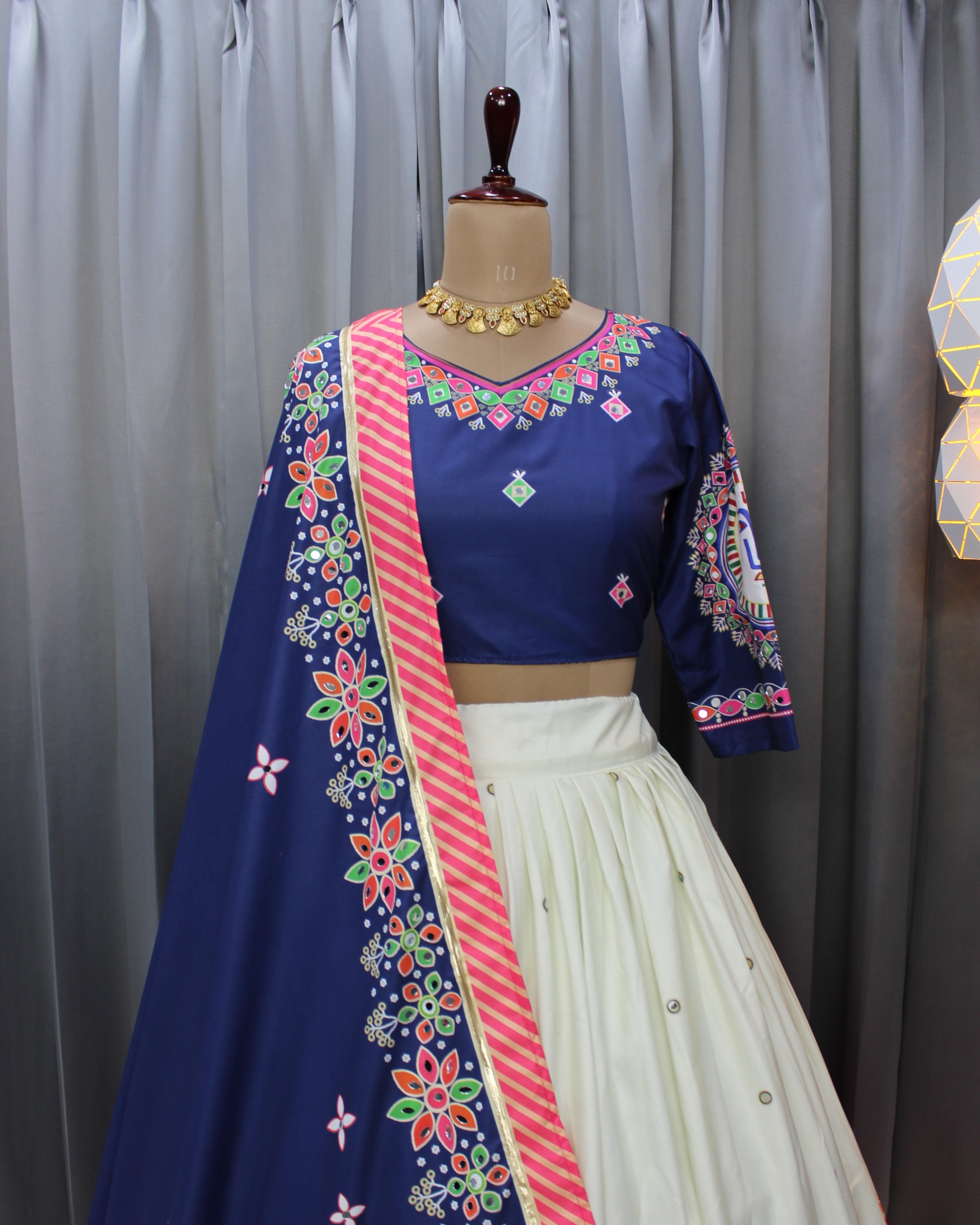 Designer Blue Muslin Cotton Lehenga Choli with Mirror Work