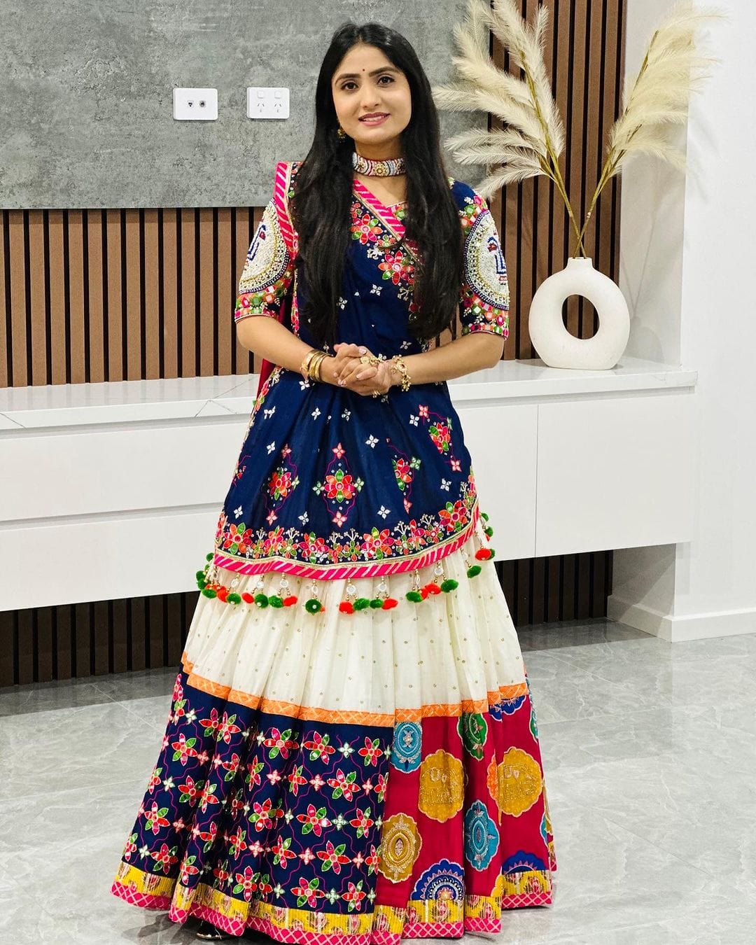 Designer Blue Muslin Cotton Lehenga Choli with Mirror Work