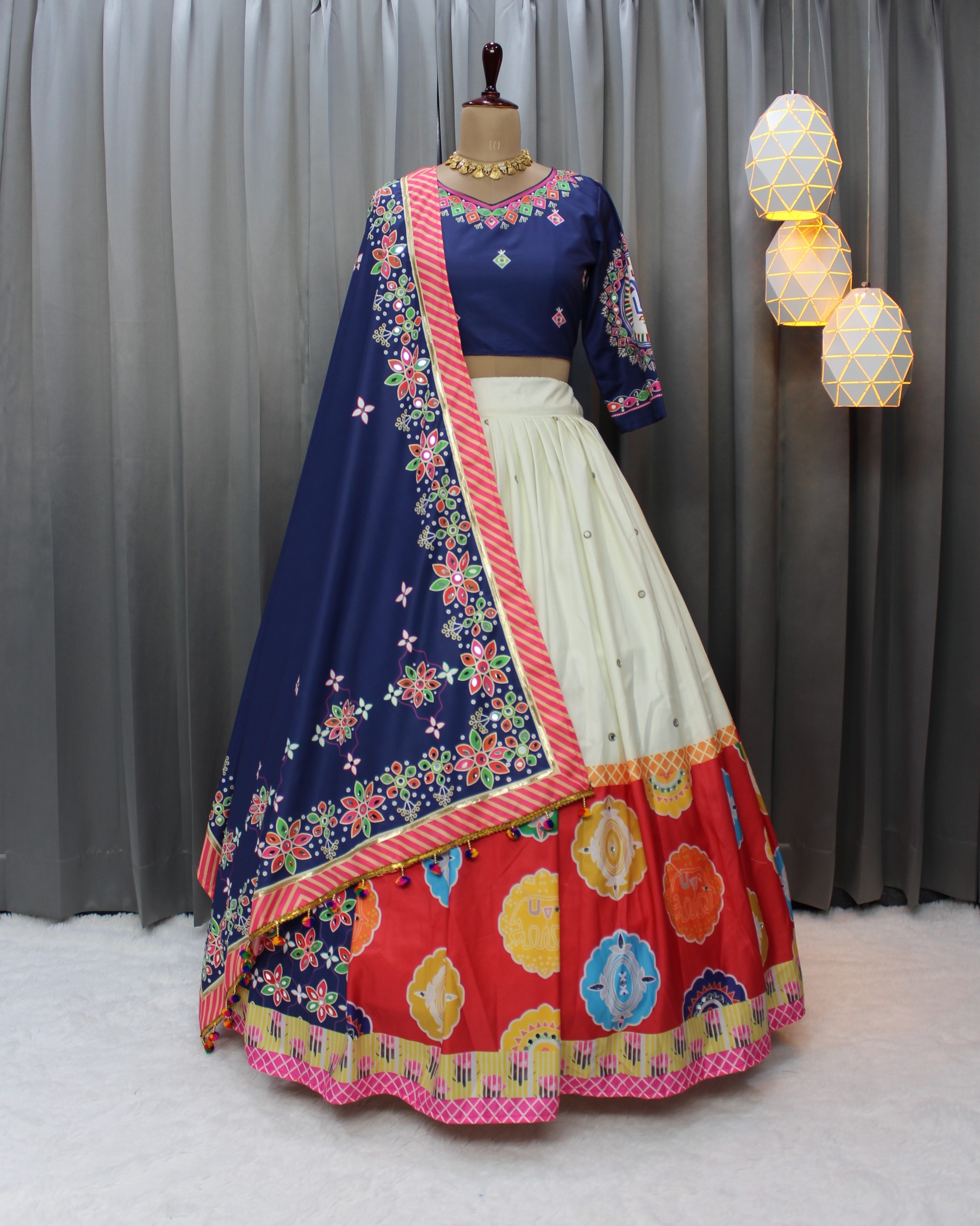 Designer Blue Muslin Cotton Lehenga Choli with Mirror Work