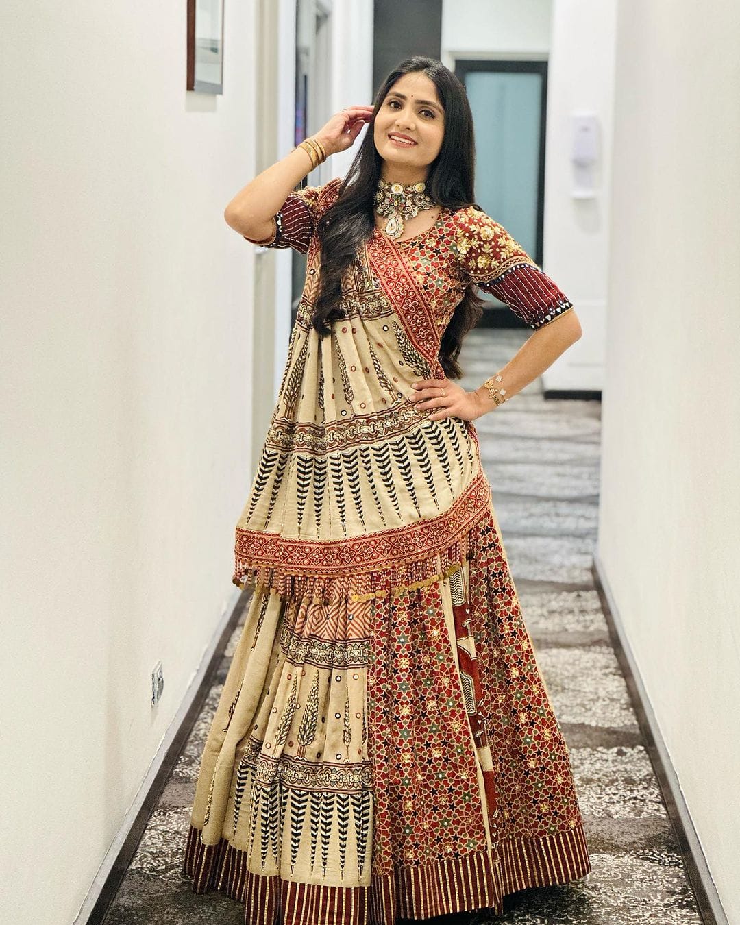 Beige Ethnic Printed Lehenga Set for Navratri and  Garba