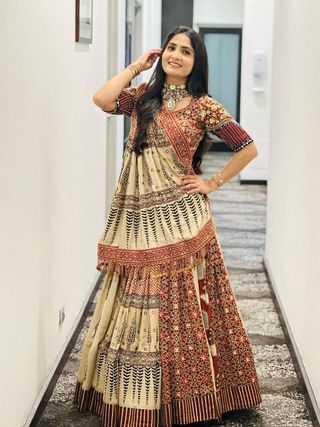 Beige Ethnic Printed Lehenga Set for Navratri and Garba