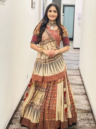 Beige Ethnic Printed Lehenga Set for Navratri and Garba