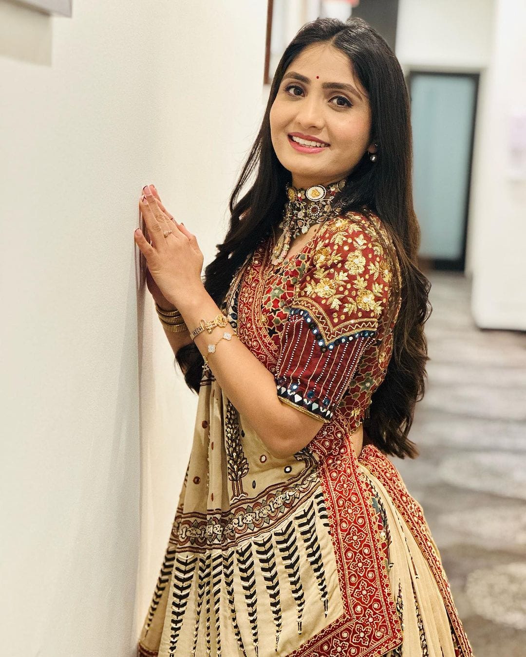 Beige Ethnic Printed Lehenga Set for Navratri and  Garba