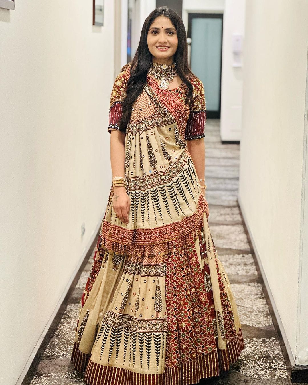 Beige Ethnic Printed Lehenga Set for Navratri and  Garba
