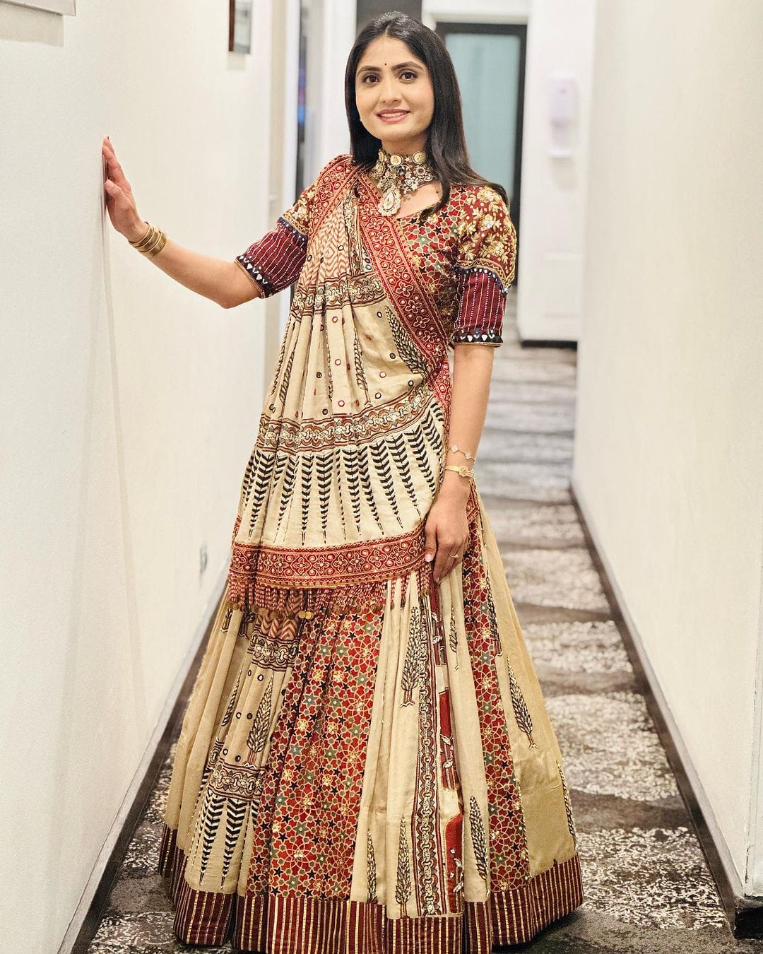 Beige Ethnic Printed Lehenga Set for Navratri and  Garba
