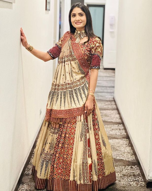 Beige Ethnic Printed Lehenga Set for Navratri and  Garba