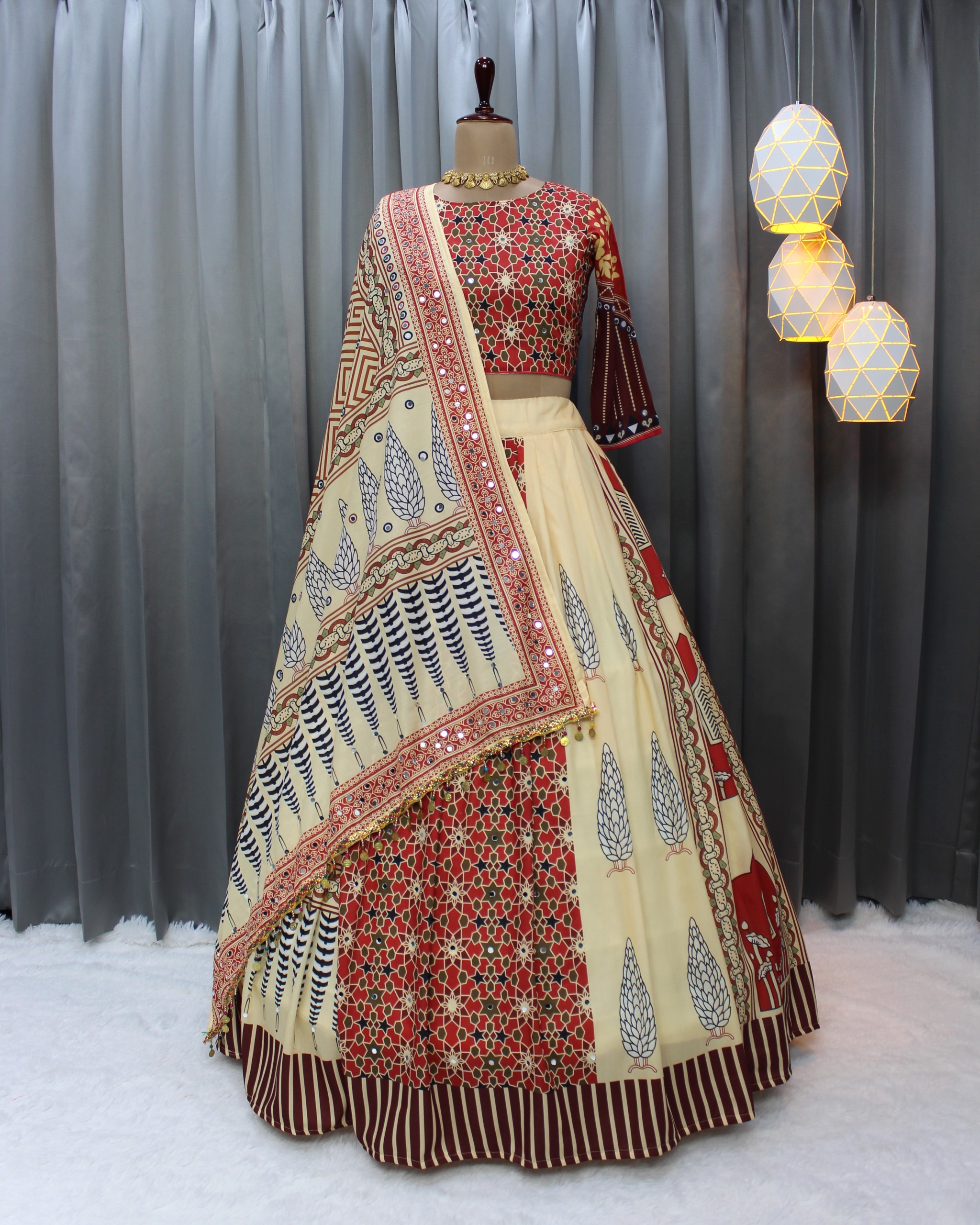 Beige Ethnic Printed Lehenga Set for Navratri and  Garba