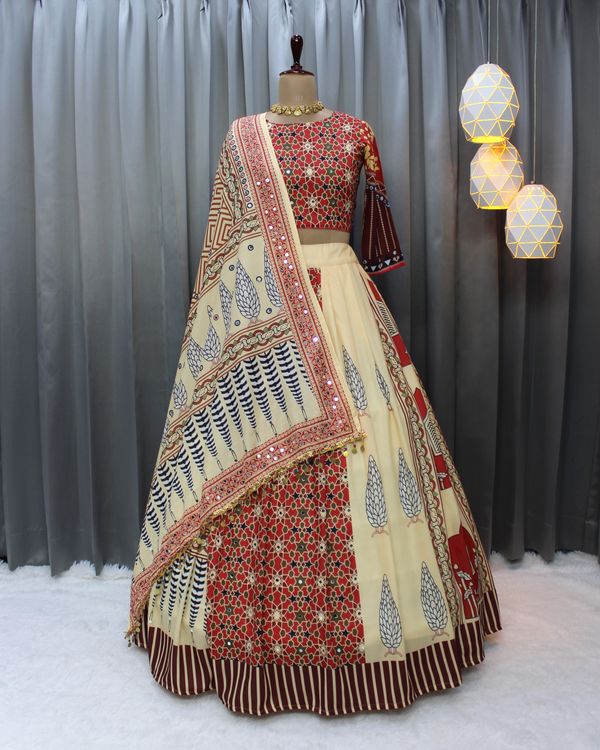 Beige Ethnic Printed Lehenga Set for Navratri and  Garba