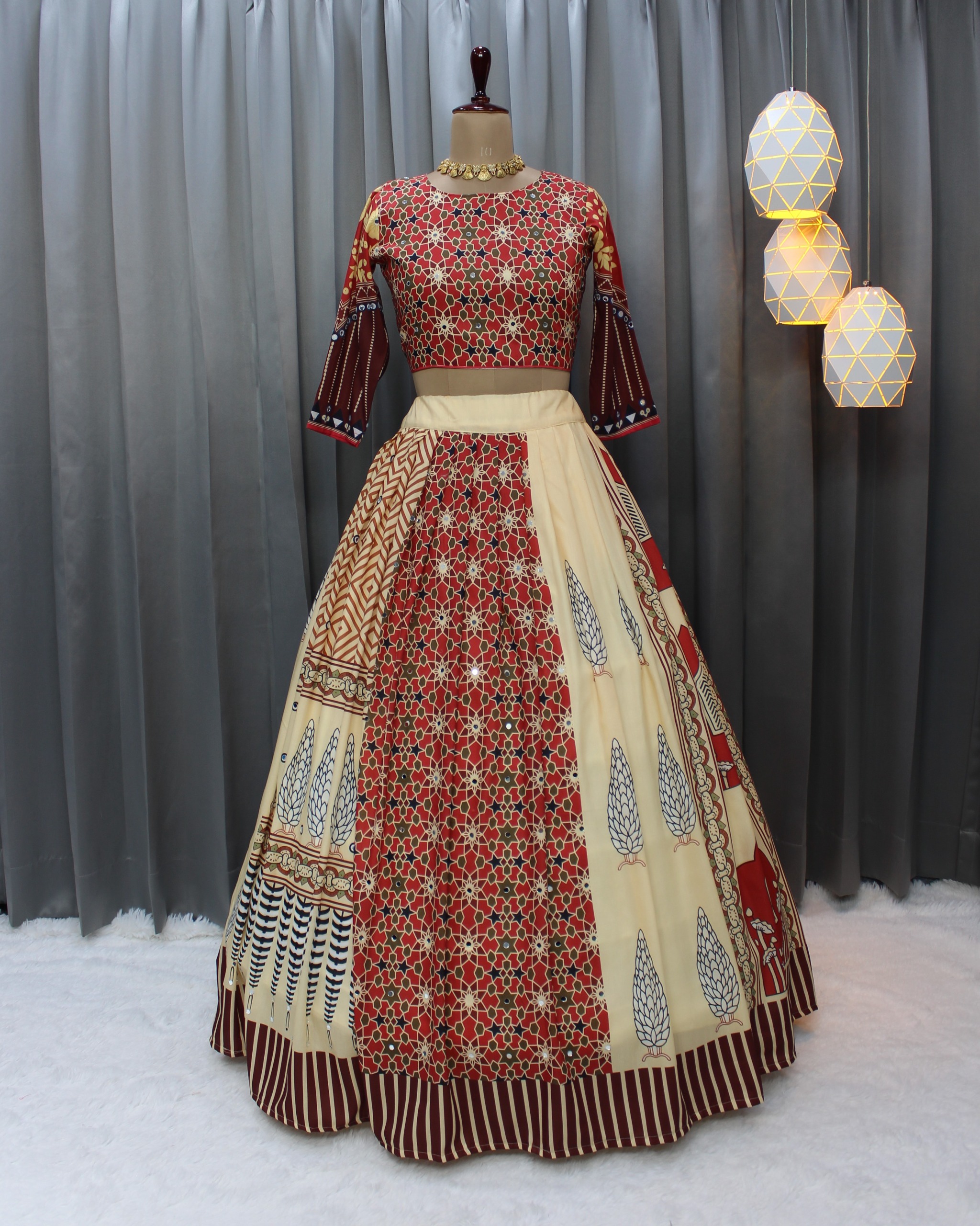 Beige Ethnic Printed Lehenga Set for Navratri and  Garba