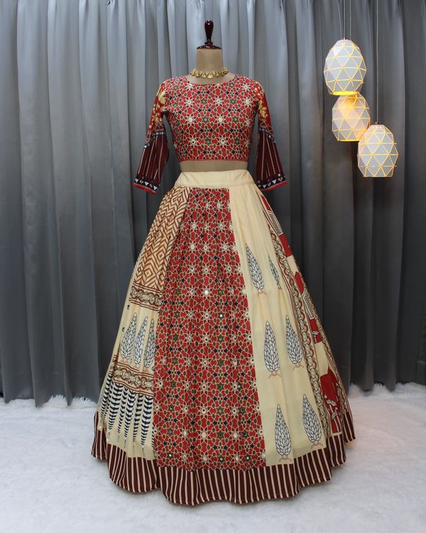 Beige Ethnic Printed Lehenga Set for Navratri and  Garba