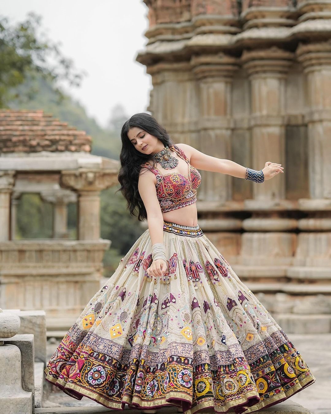 Cream Ethnic Lehenga Choli with Mirror Work Design