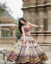Cream Ethnic Lehenga Choli with Mirror Work Design - Cream