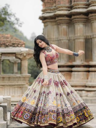 Cream Ethnic Lehenga Choli with Mirror Work Design