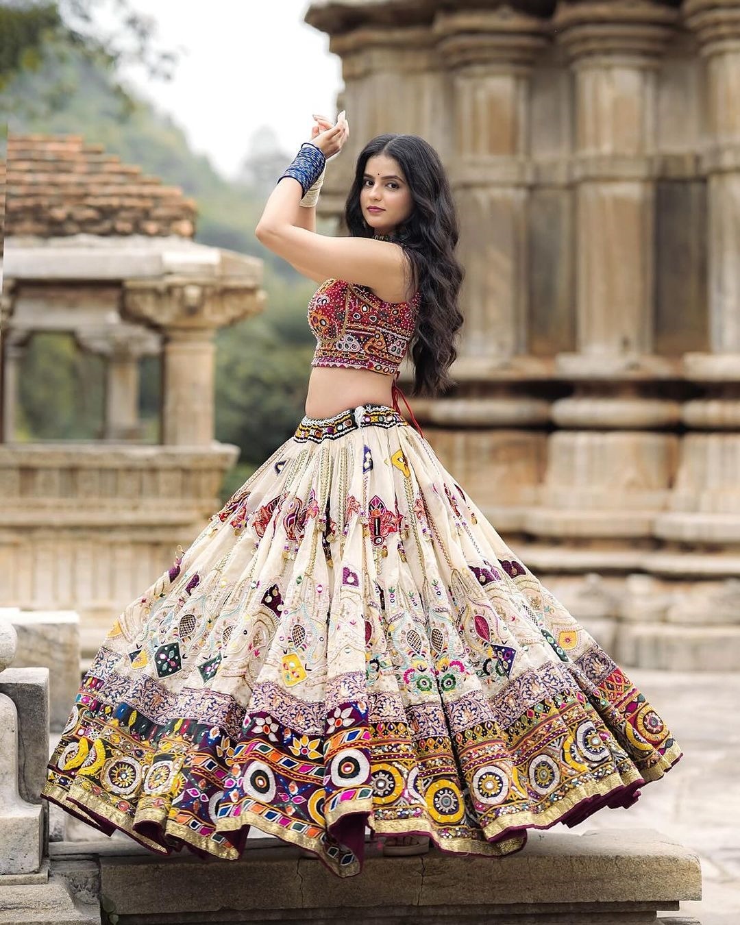 Cream Ethnic Lehenga Choli with Mirror Work Design
