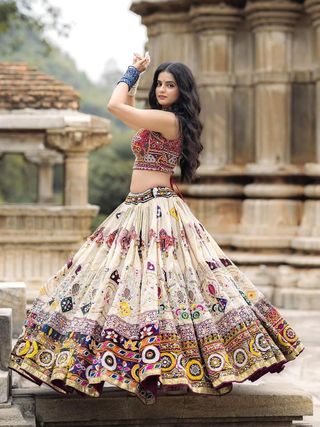 Cream Ethnic Lehenga Choli with Mirror Work Design