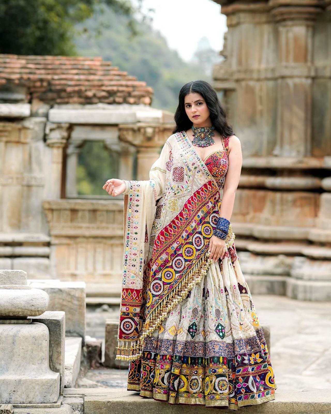 Cream Ethnic Lehenga Choli with Mirror Work Design