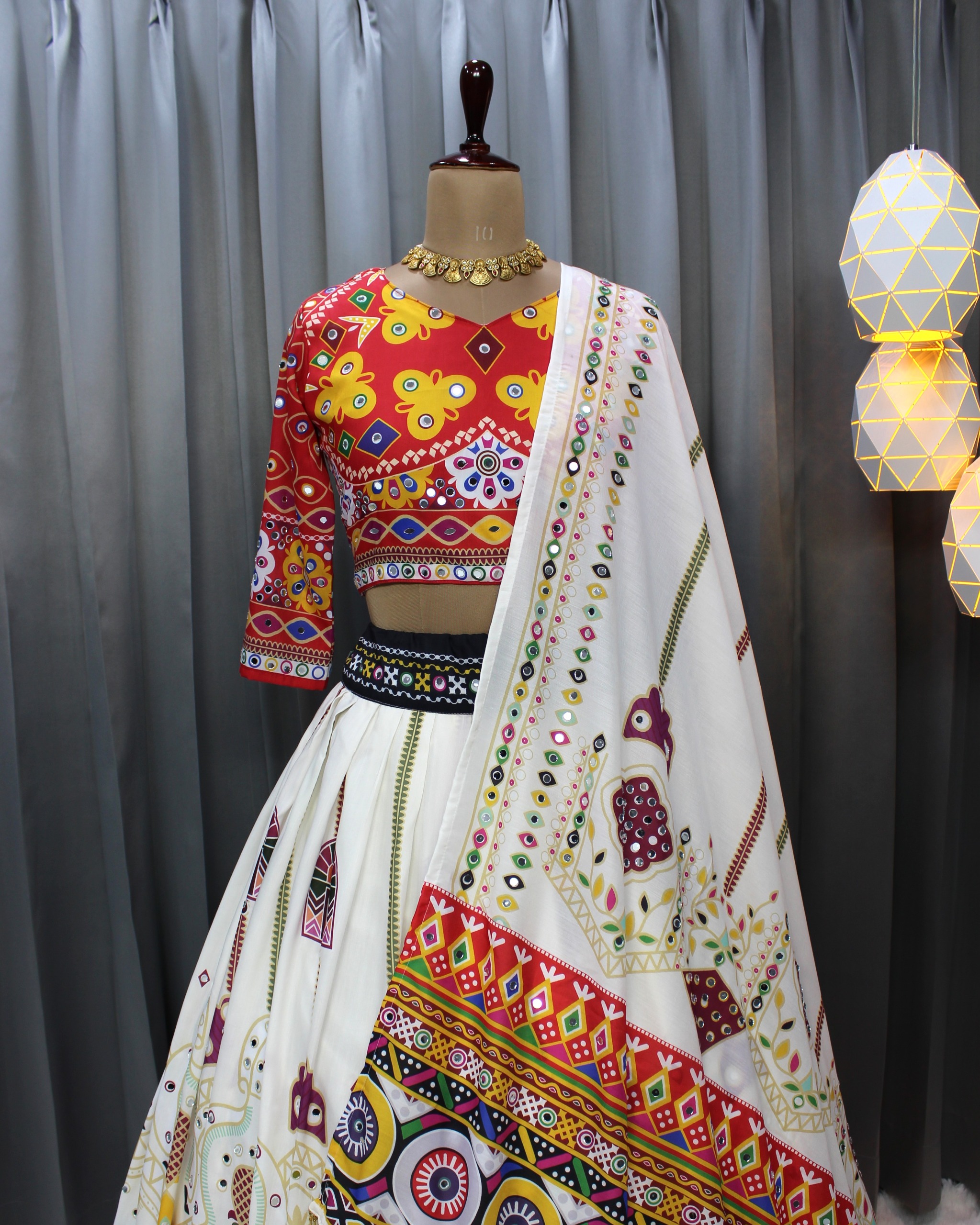 Cream Ethnic Lehenga Choli with Mirror Work Design