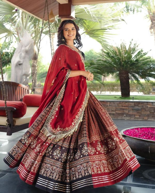 Red Ethnic Lehenga Choli with Digital Print Design