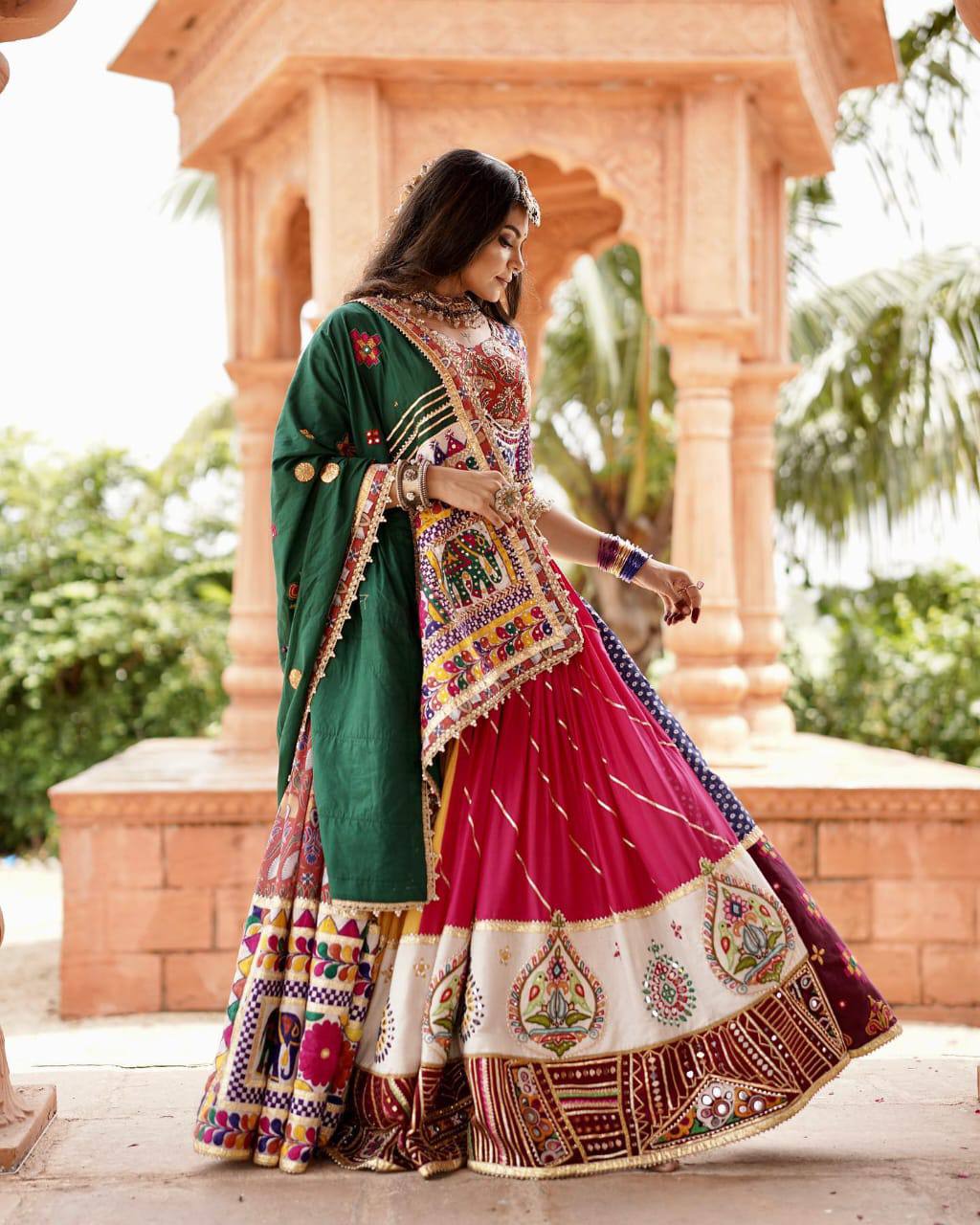 Vibrant Mirror Work Muslin Lehenga Choli Set Online